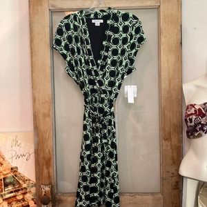 NWT LIZ CLAIBORNE Waist Tie Dress Chicago Green Blue White MSRP $60 ➡️20” ⬇️42”
